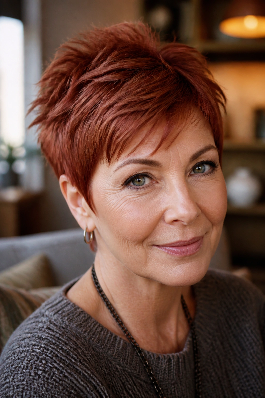Close-up of a real woman with paprika pixie and short crown layers