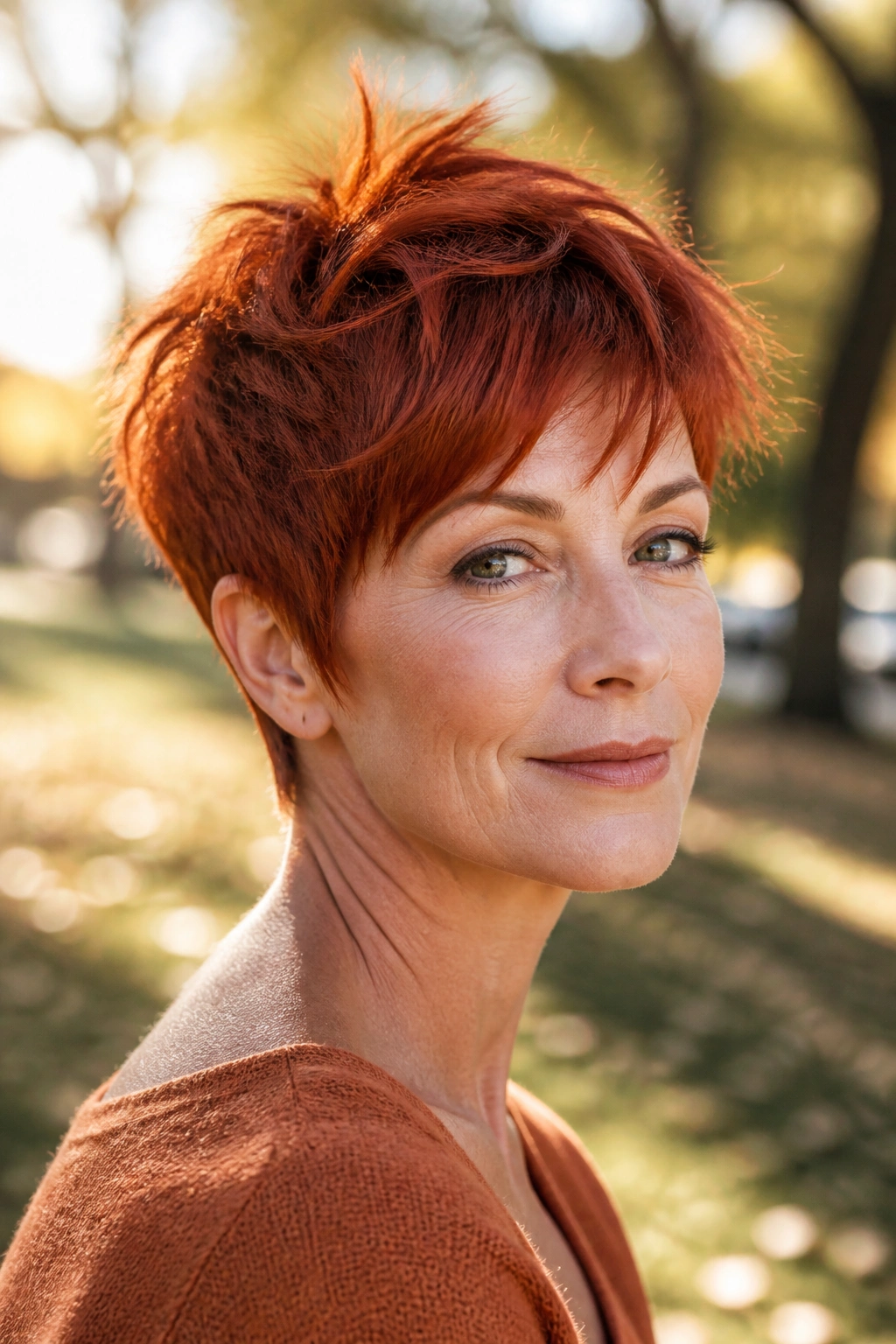 Real woman with paprika pixie and tousled crown in park at golden hour.