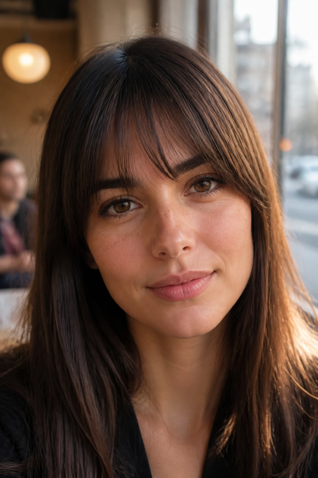 Close-up portrait of a real woman with Parisian bangs on straight hair in a sunlit cafe setting.