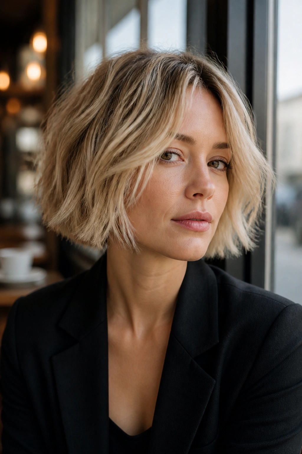 Close-up portrait of a real woman with Parisian piecey blond bob hairstyle.