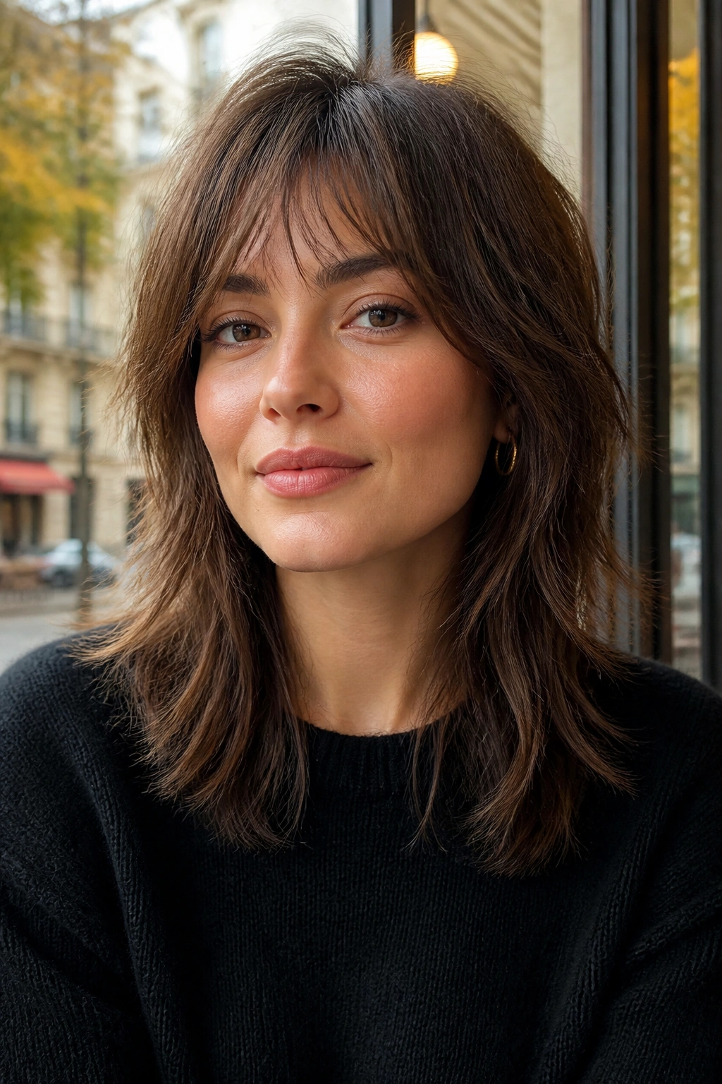 Parisian shag with piecey texture on a real person; crown lift and cheek-soft layers