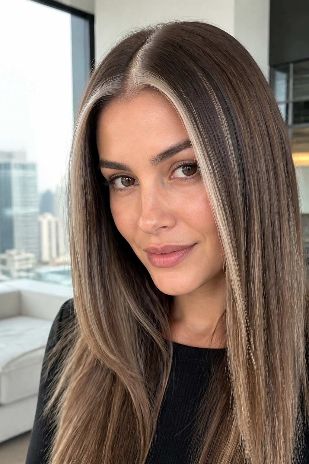 Center-parted brown hair with platinum part-line highlight close-up