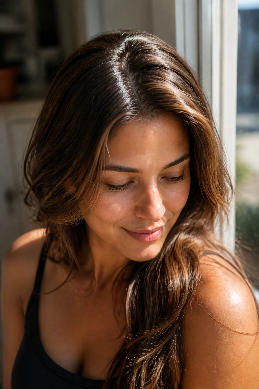 Portrait of a real woman with honey strands along the part line catching sun-light.
