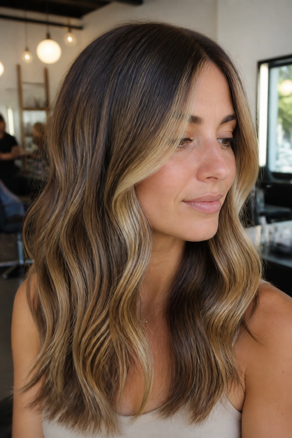 Close-up of brown hair with partial blonde balayage on a real person