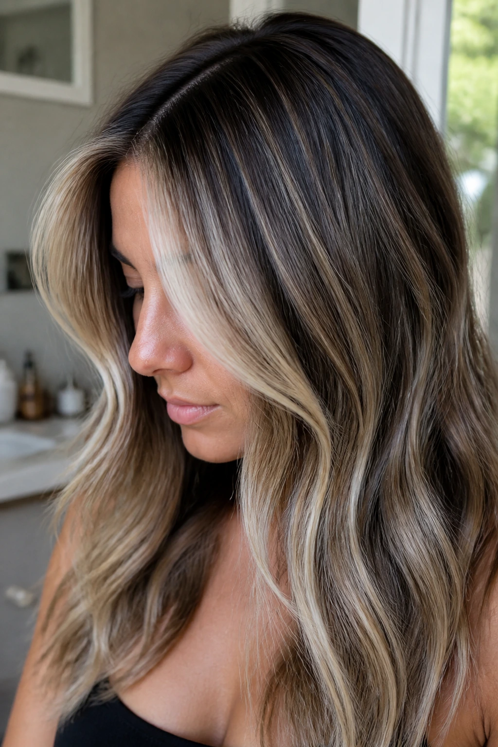 Close-up portrait of a woman with partial platinum blonde balayage on brown hair crown highlights and deeper underlayers