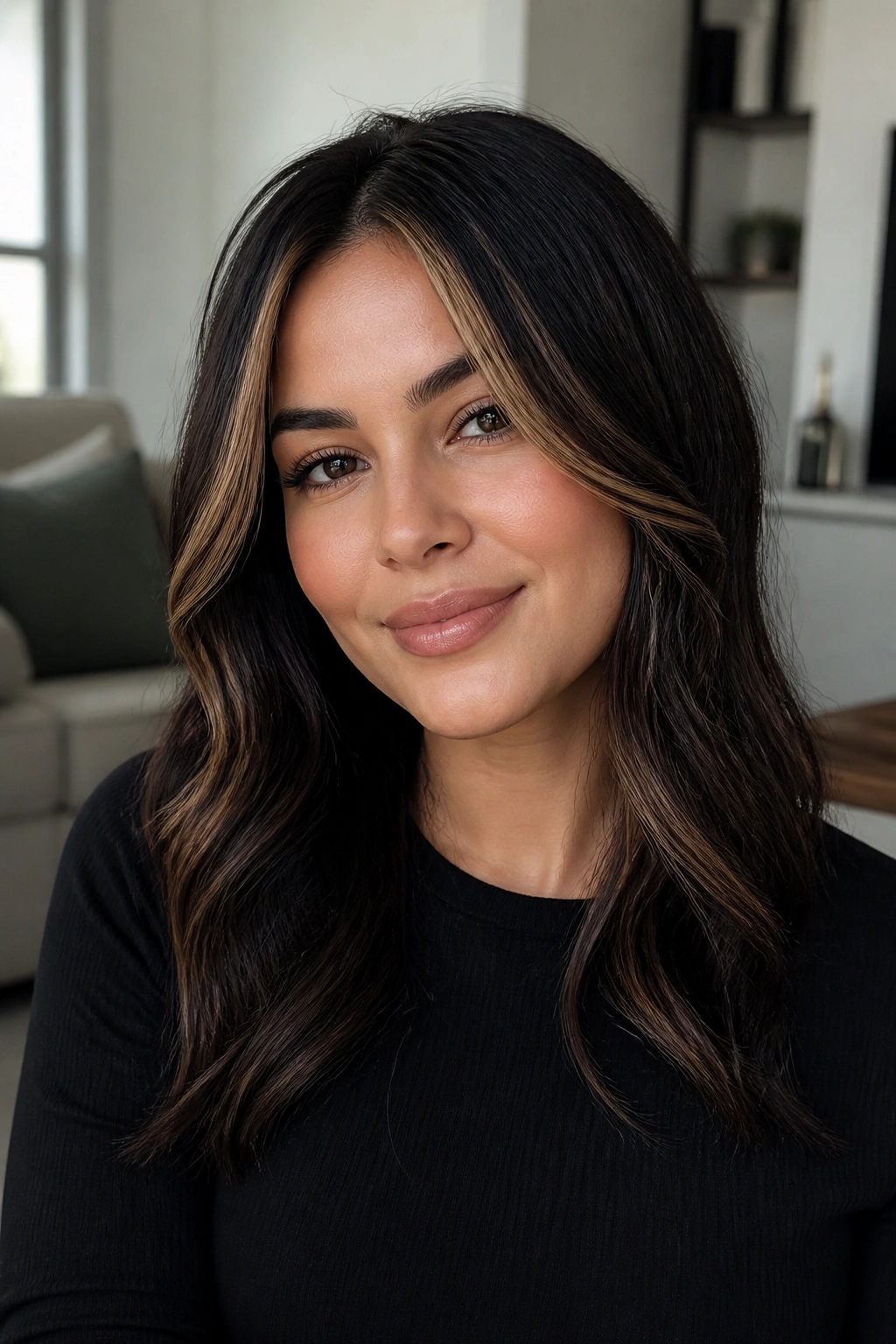 Portrait of real person with front partial caramel highlights on dark hair