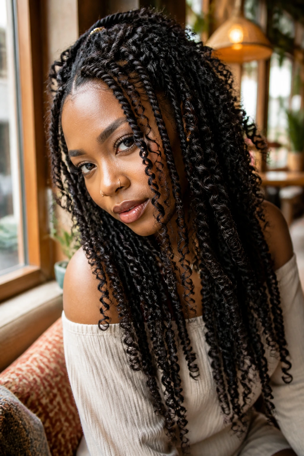 Close-up of a real person with passion twists and curly ends