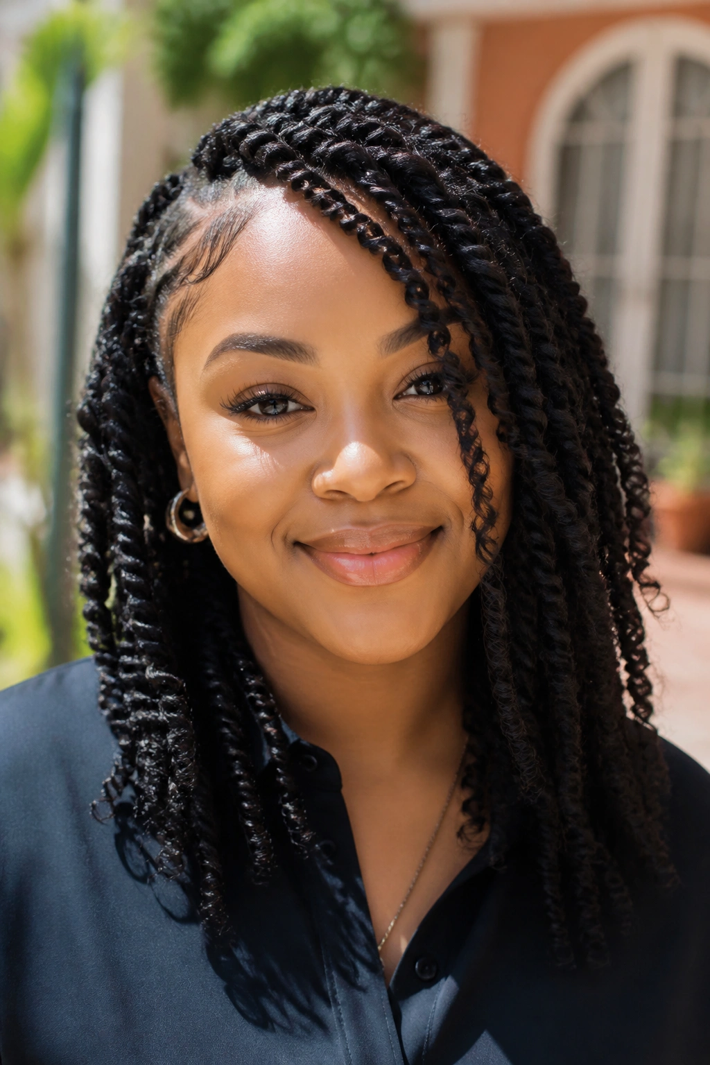 Close-up of a real woman with passion twists and a side flip