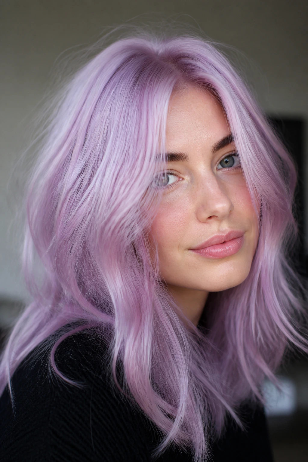 Close-up portrait of a real woman with pastel amethyst blend hair in soft daylight