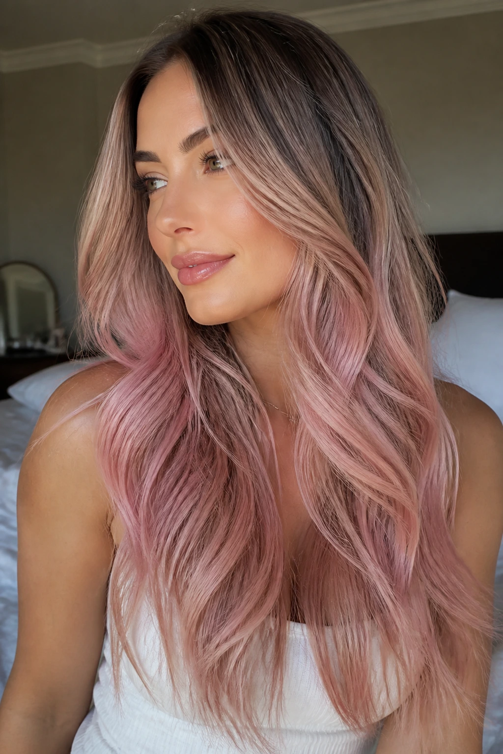 Portrait of a woman with pastel pink balayage in long layered hair.