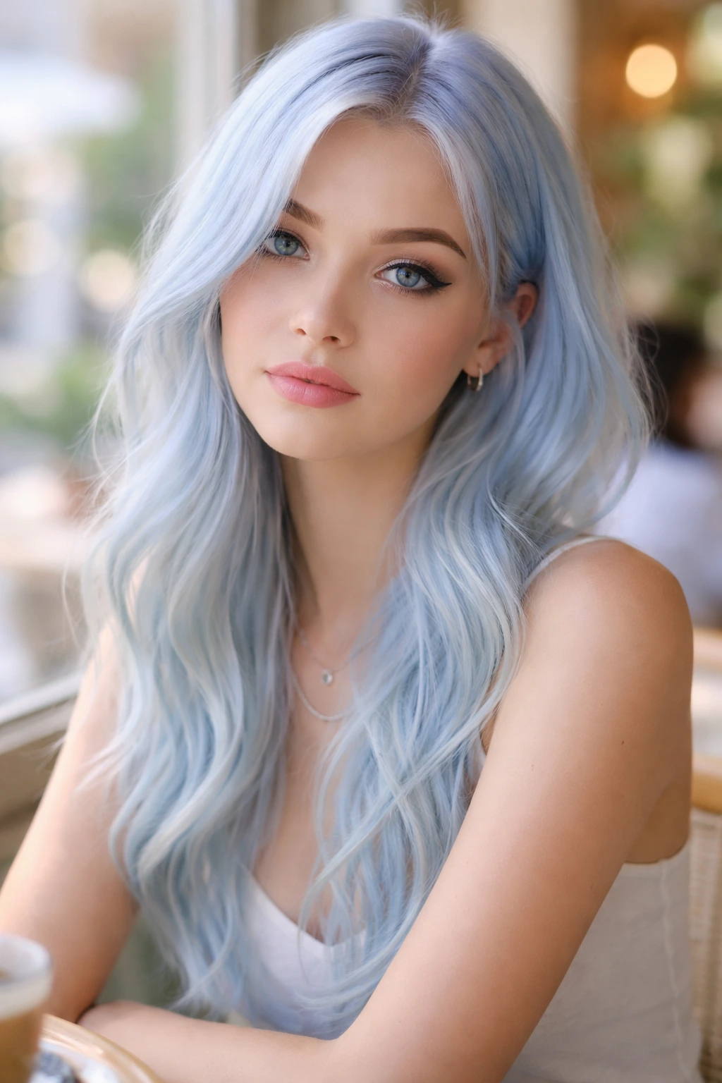 Close-up of a real person with pastel blue hair in a sunlit cafe setting