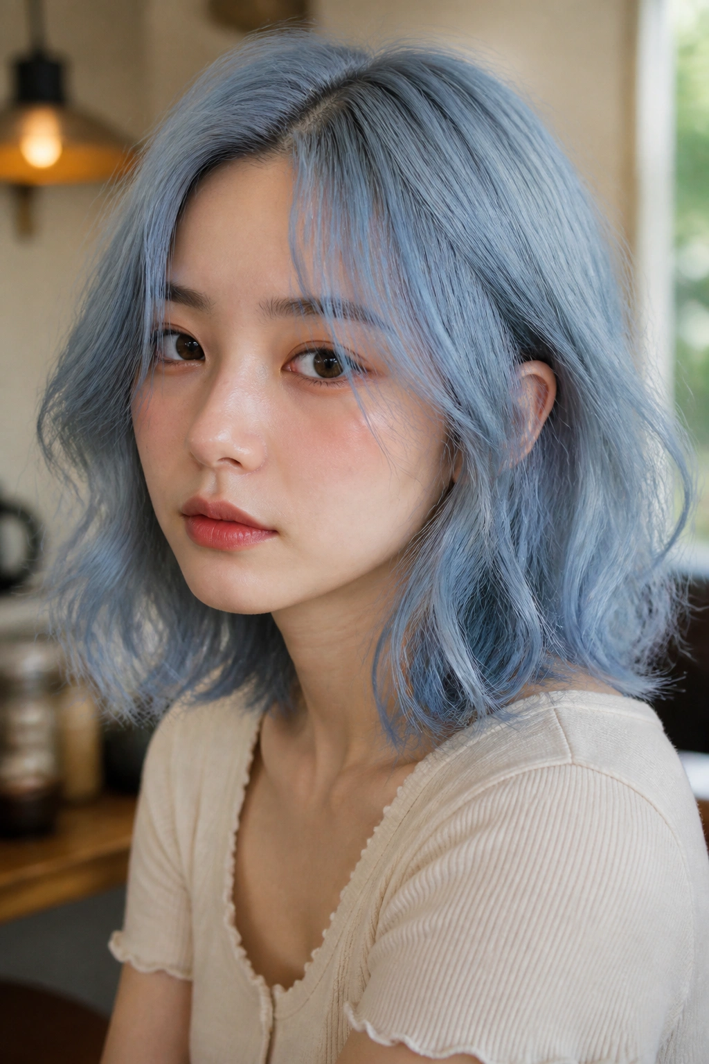 Close-up portrait of a real person with pastel blue milk tea hair in a café