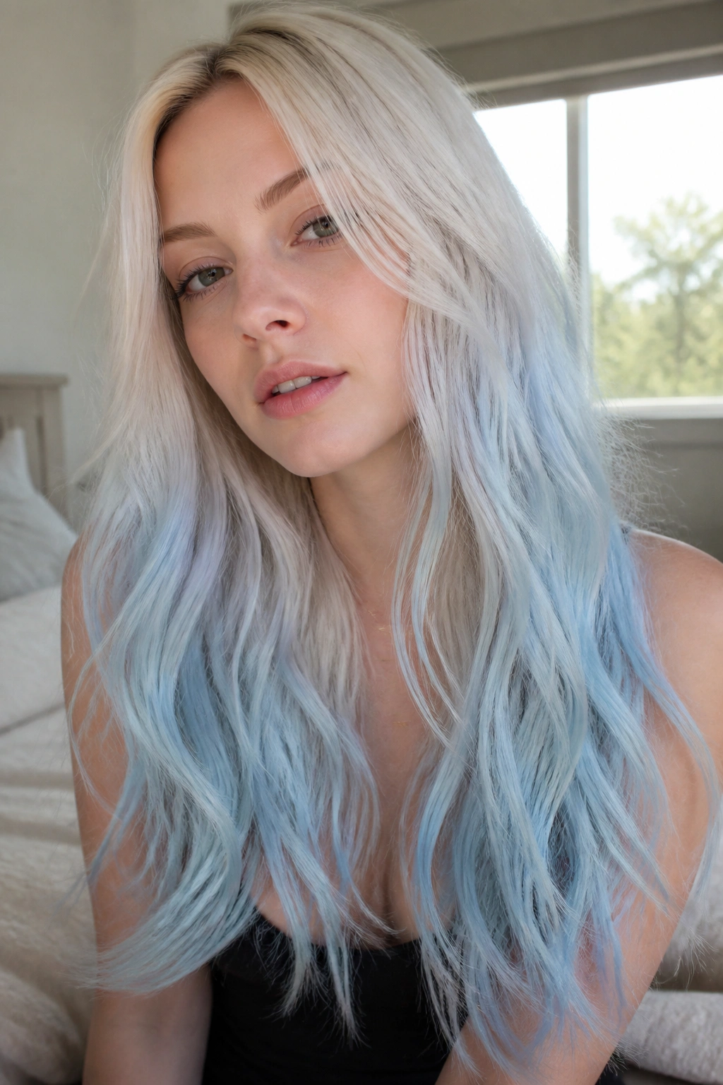 Soft milky pastel blue ombre on long hair of a real person