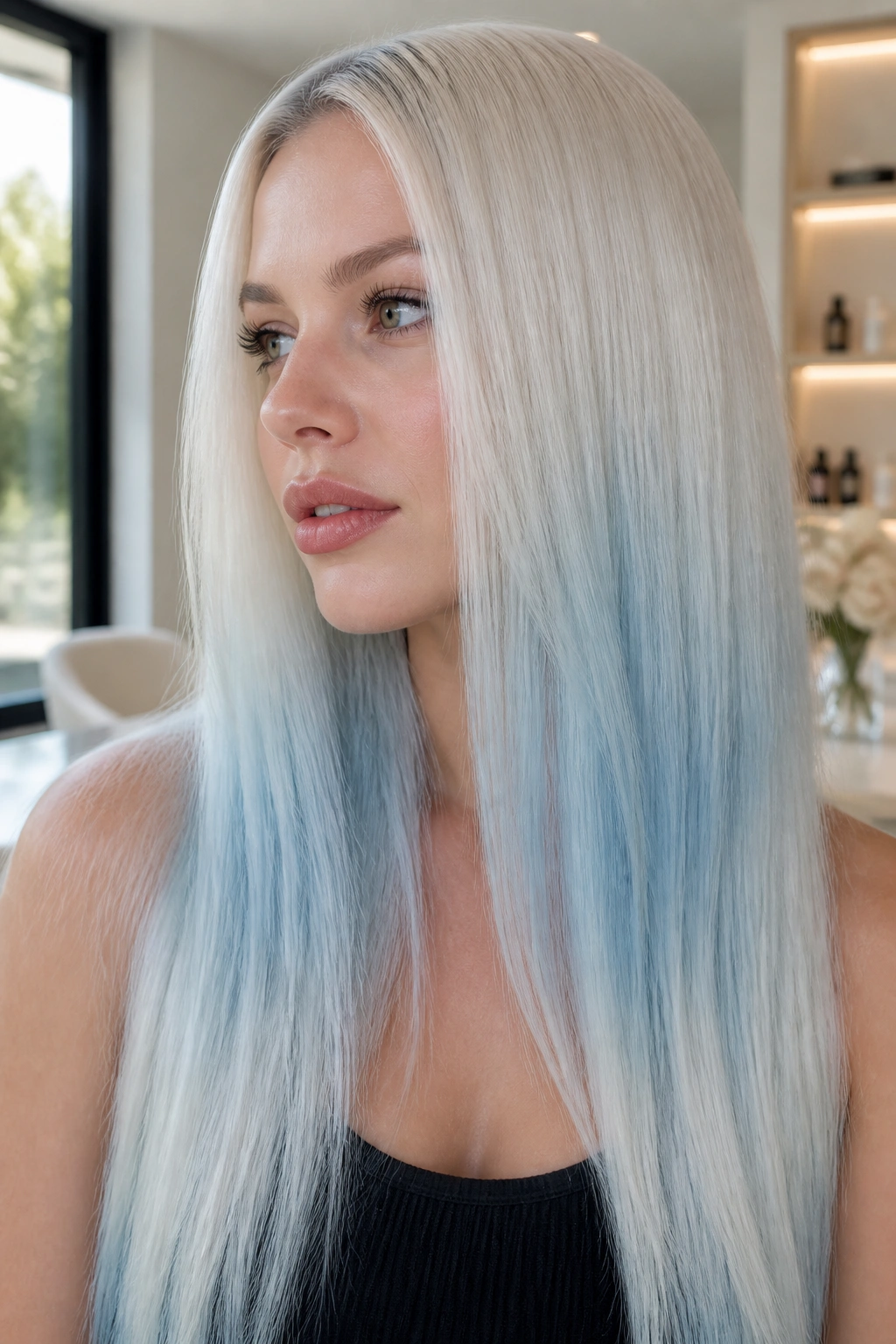 Portrait of a real person with pastel blue ombre on platinum blonde hair