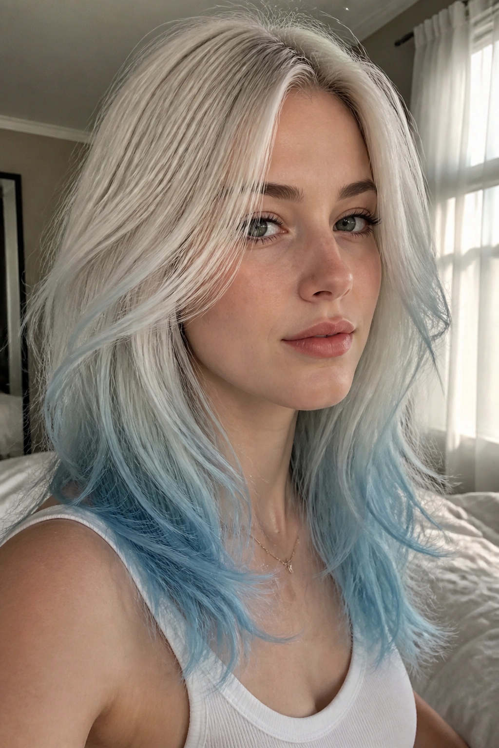 Close-up portrait of a real woman with pastel blue tips on pale blonde hair.