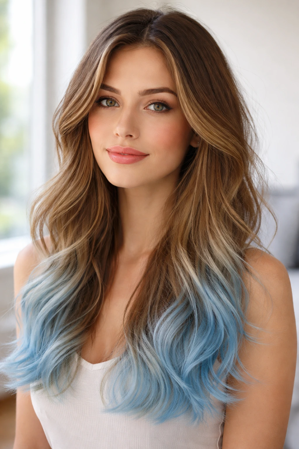 Close-up of a real woman with pastel blue tips on brown hair.