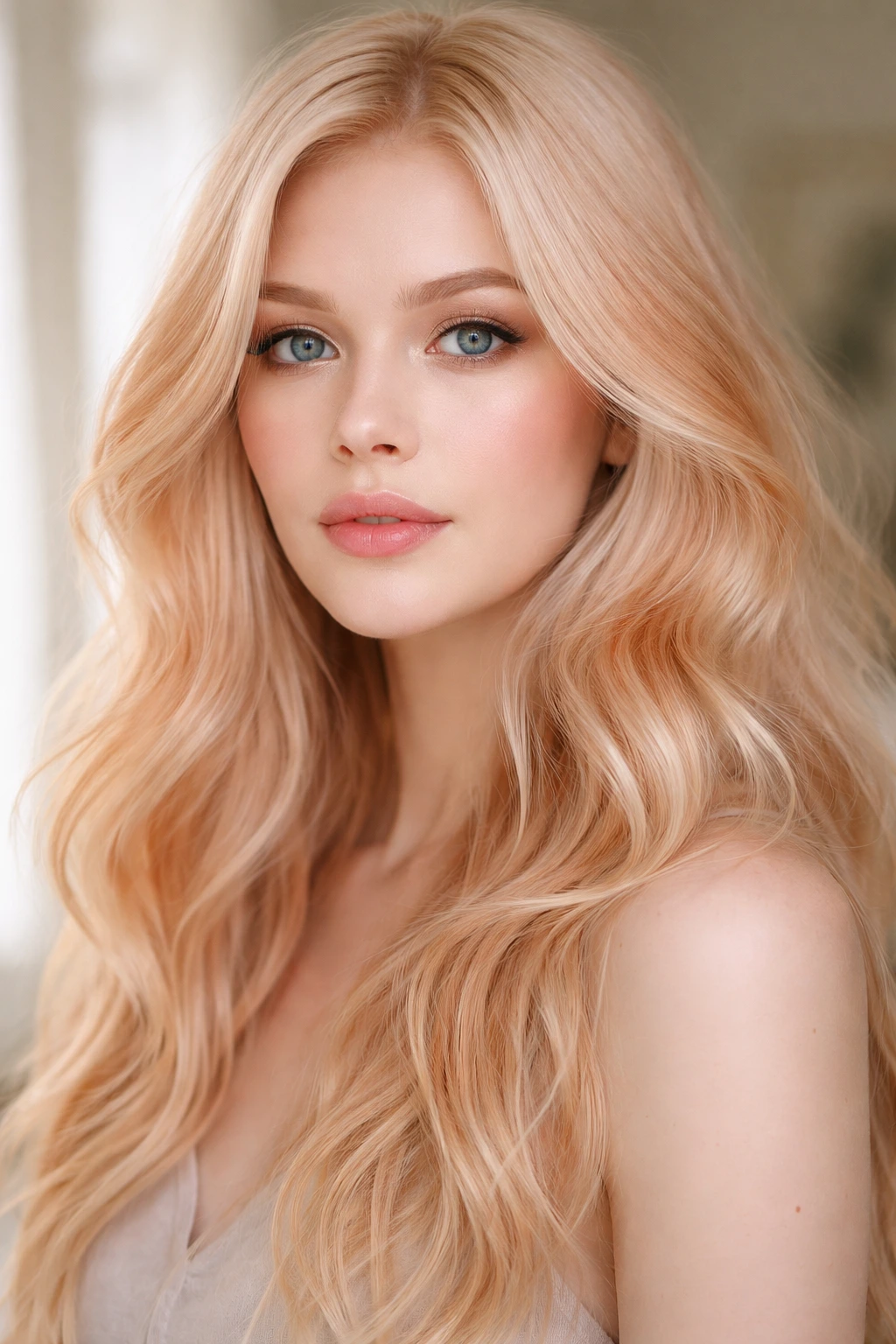 Close-up of platinum blonde hair with pastel copper haze in soft light