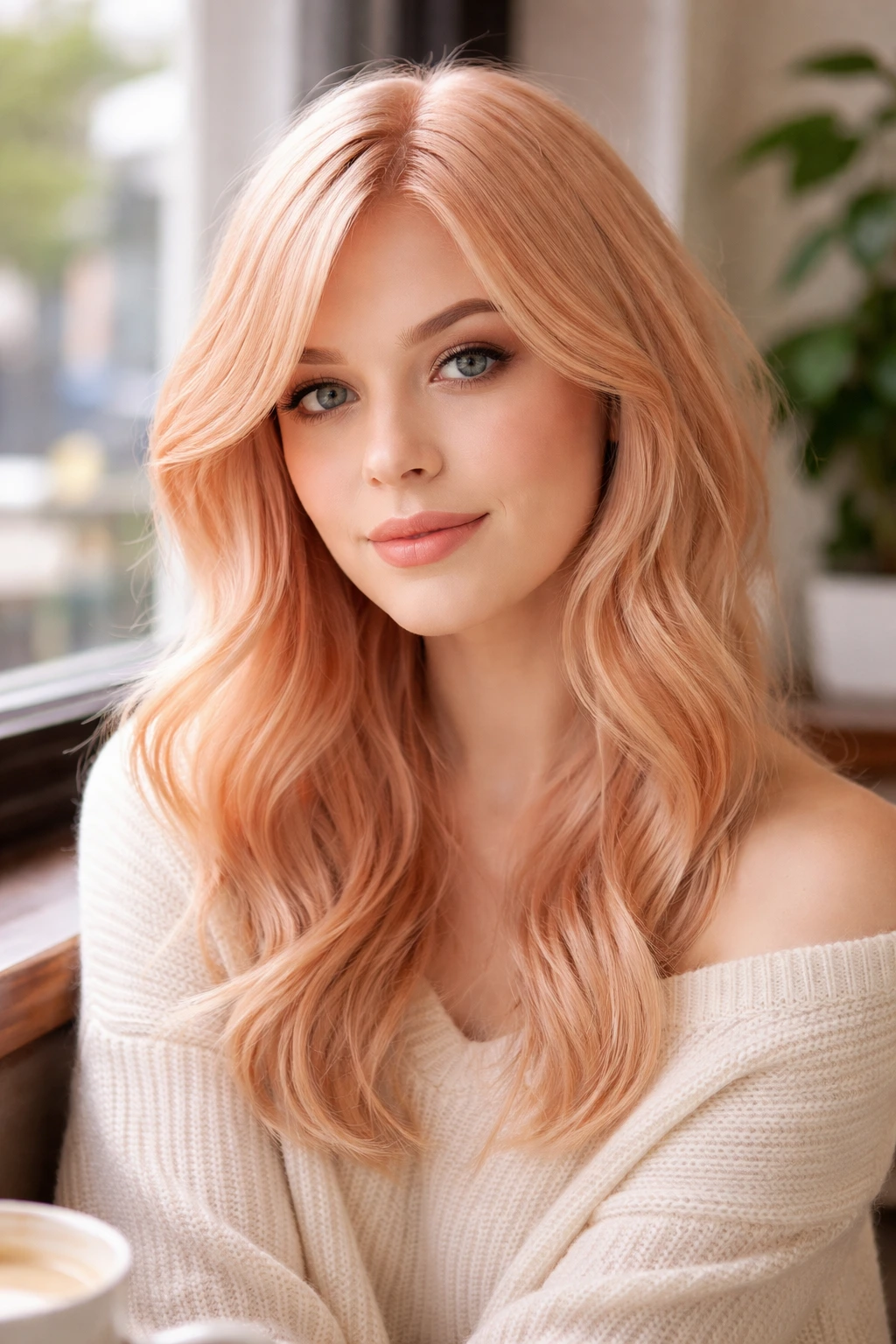 Portrait of a woman with pastel copper hair in a sunlit cafe setting