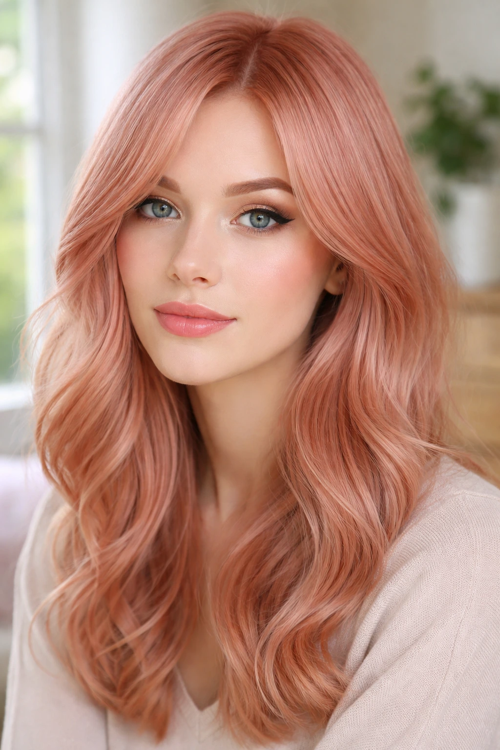 Portrait of a person with pastel copper-pink hair in a soft dusty shade.