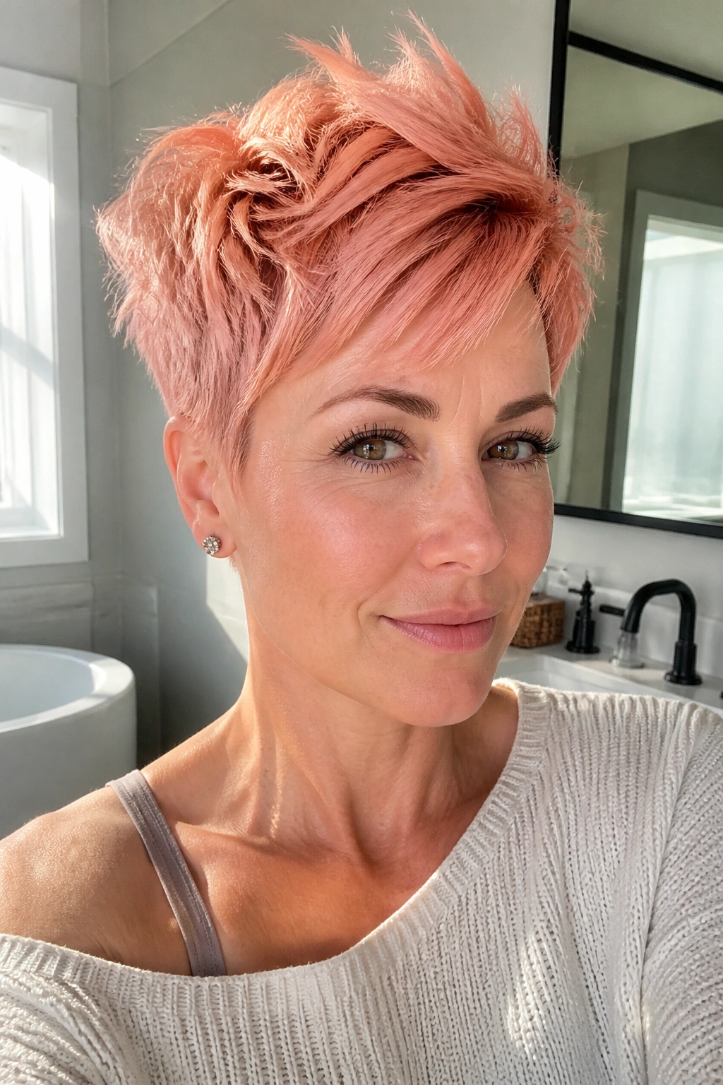 Close-up of a real person with pastel coral piecey pixie showing textured top sections.
