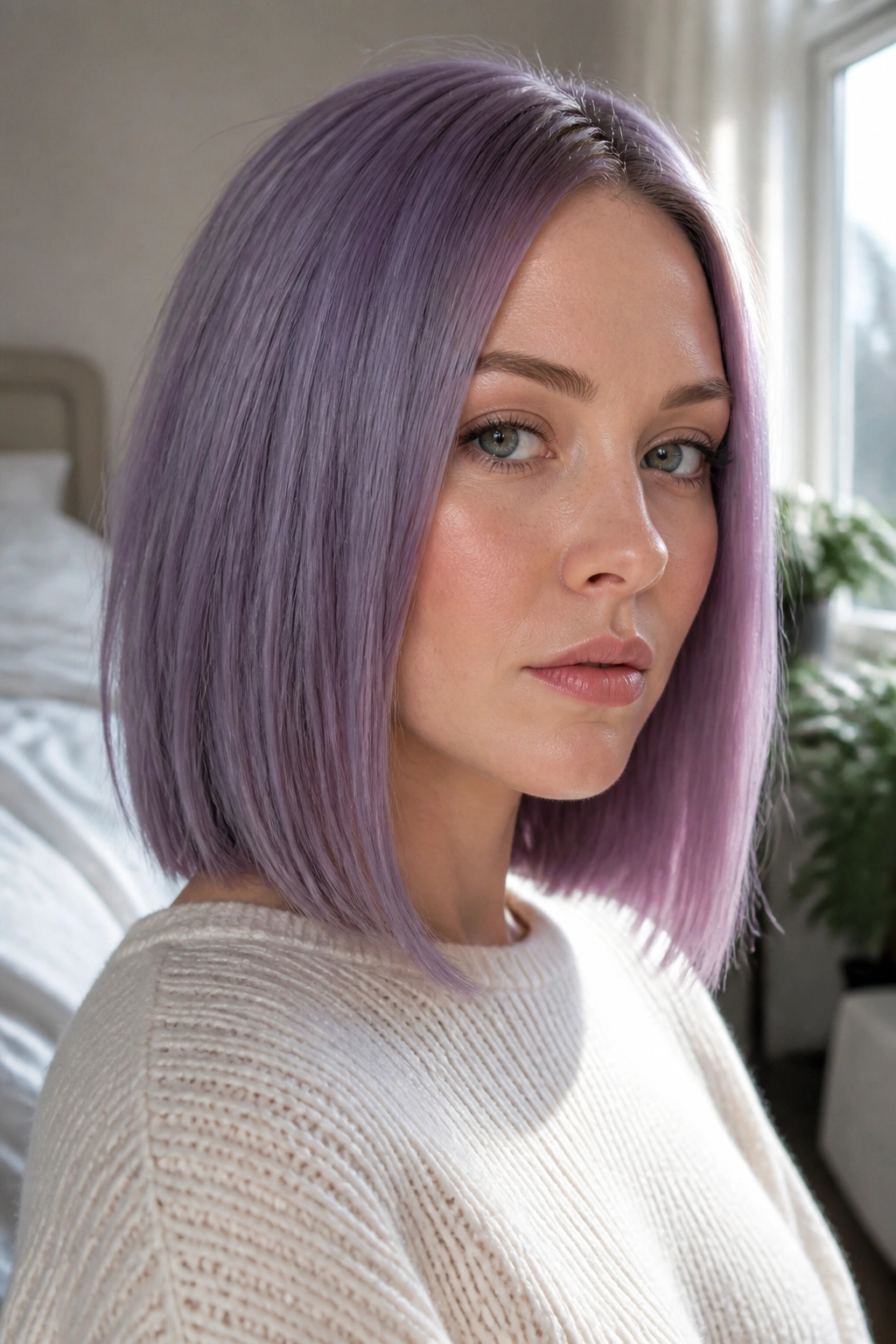 Close-up portrait of a woman with pastel grape lob hair and cool gray-purple shade