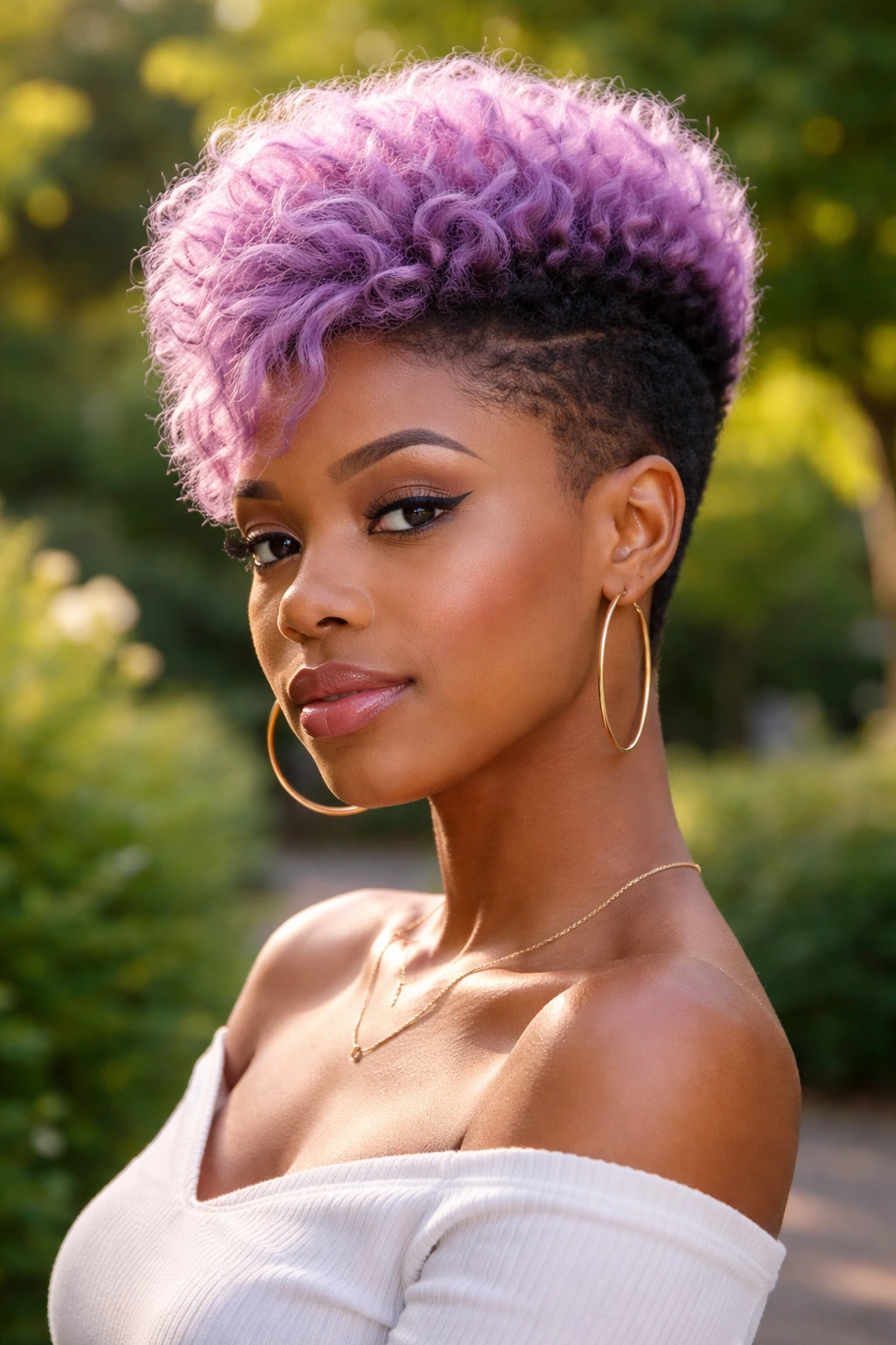 Close-up portrait of a woman with a tapered Afro and pastel grape color on top