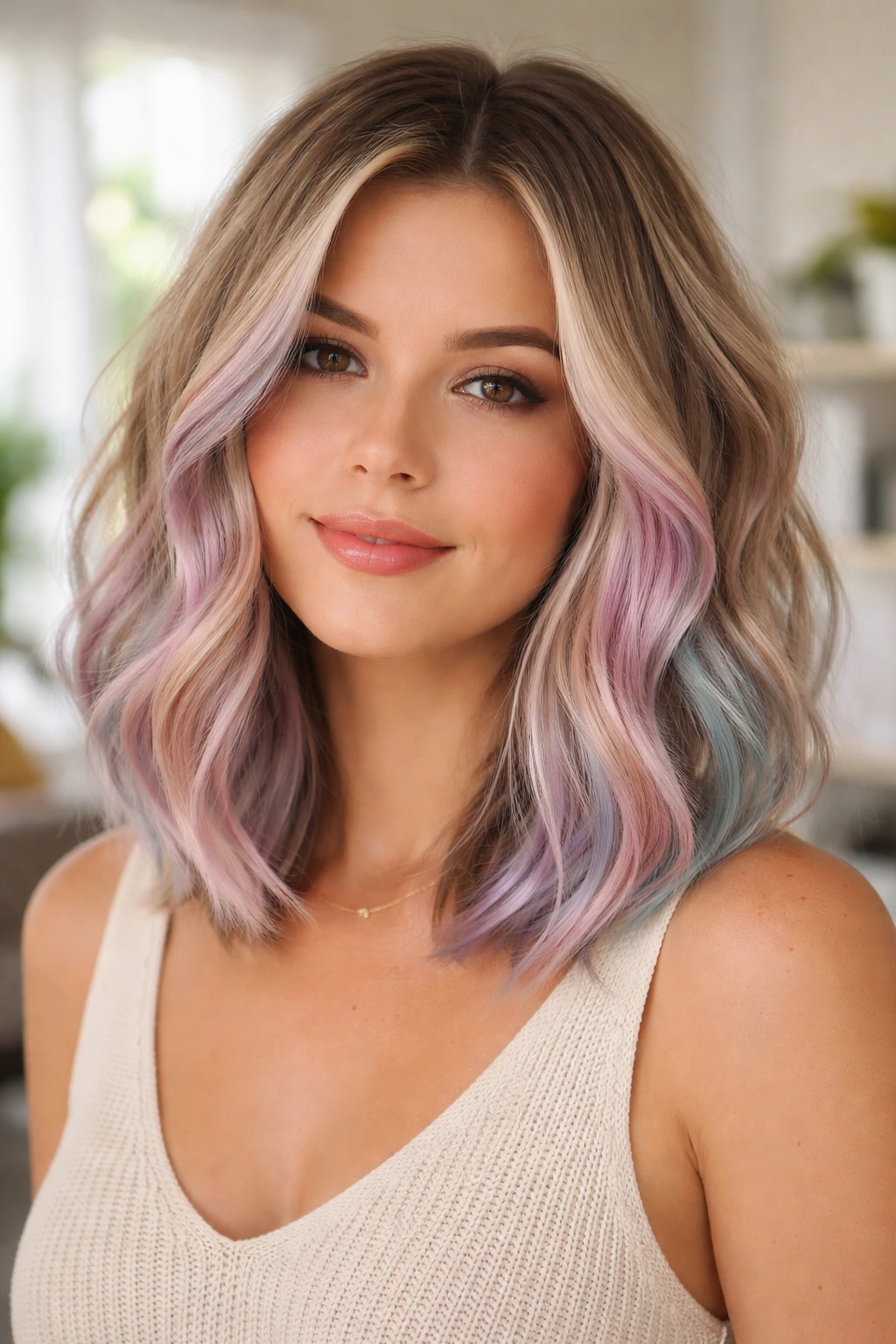 Close-up of a real woman with pastel highlights on mid-lengths and ends