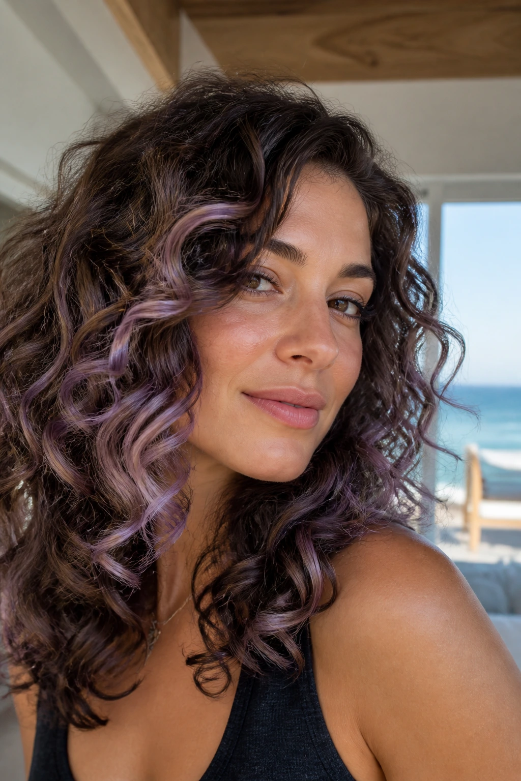 Close-up of brunette curls with pastel lavender frost highlights