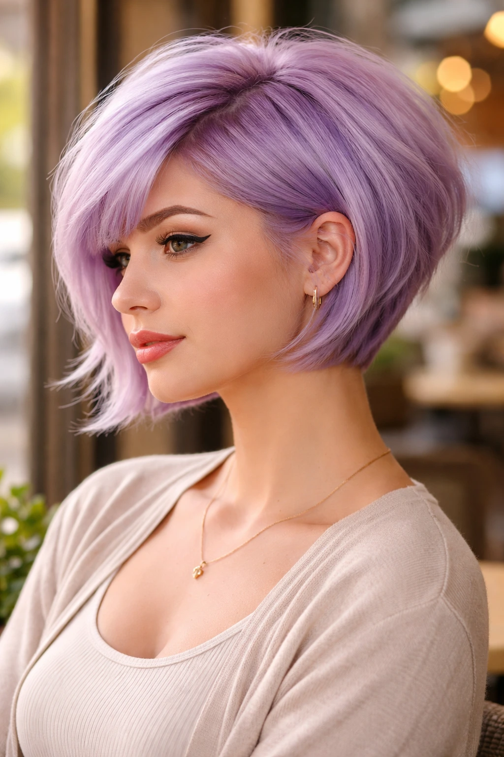 Close-up of real person with pastel lavender stacked hair in sunlit cafe.