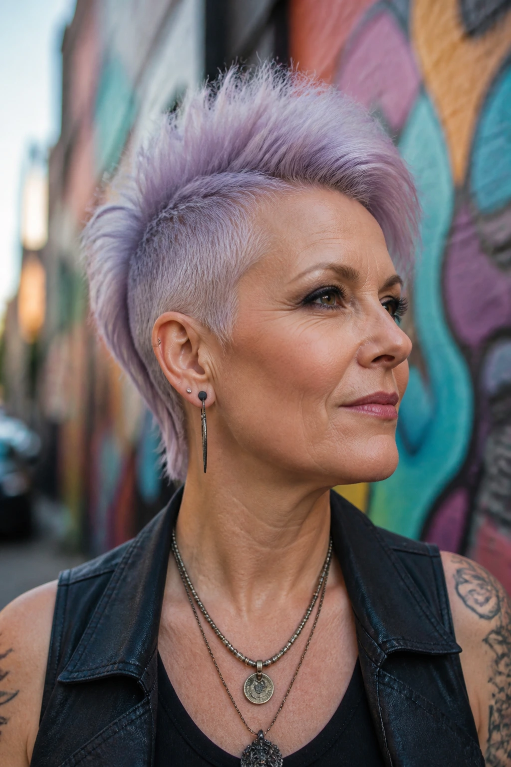 Close-up of a real woman with pastel lavender mohawk against a colorful city mural.