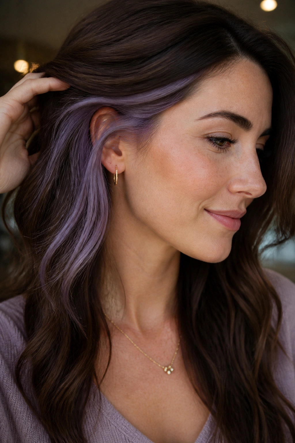 Close-up showing hidden pastel lavender ribbons under top hair near crown