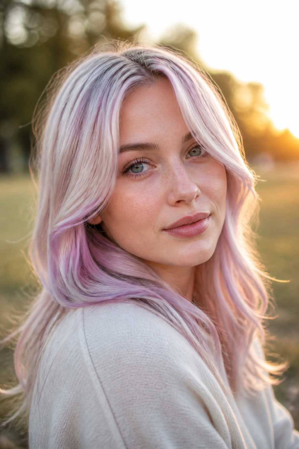 Close-up portrait of a real woman with pastel lilac blonde in golden-hour outdoor setting.