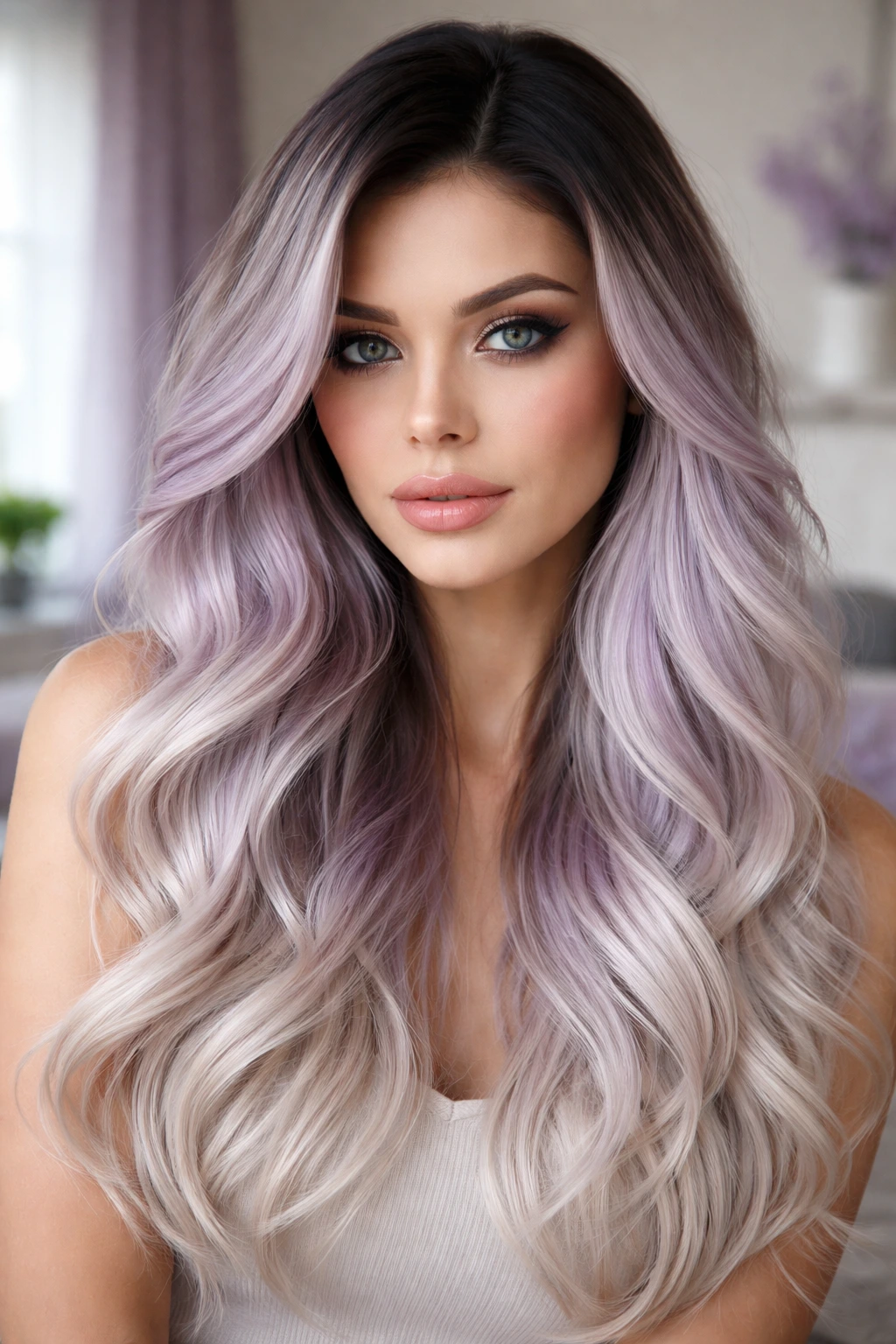 Portrait of a person with pastel lilac-blonde blend and dark roots.