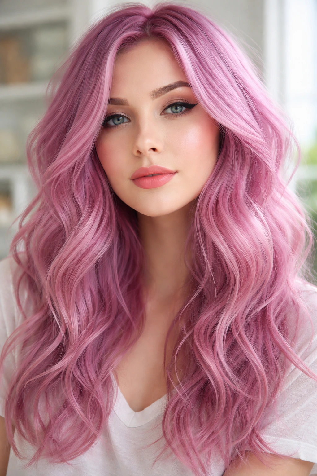 Close-up portrait of a real person with pastel magenta hair