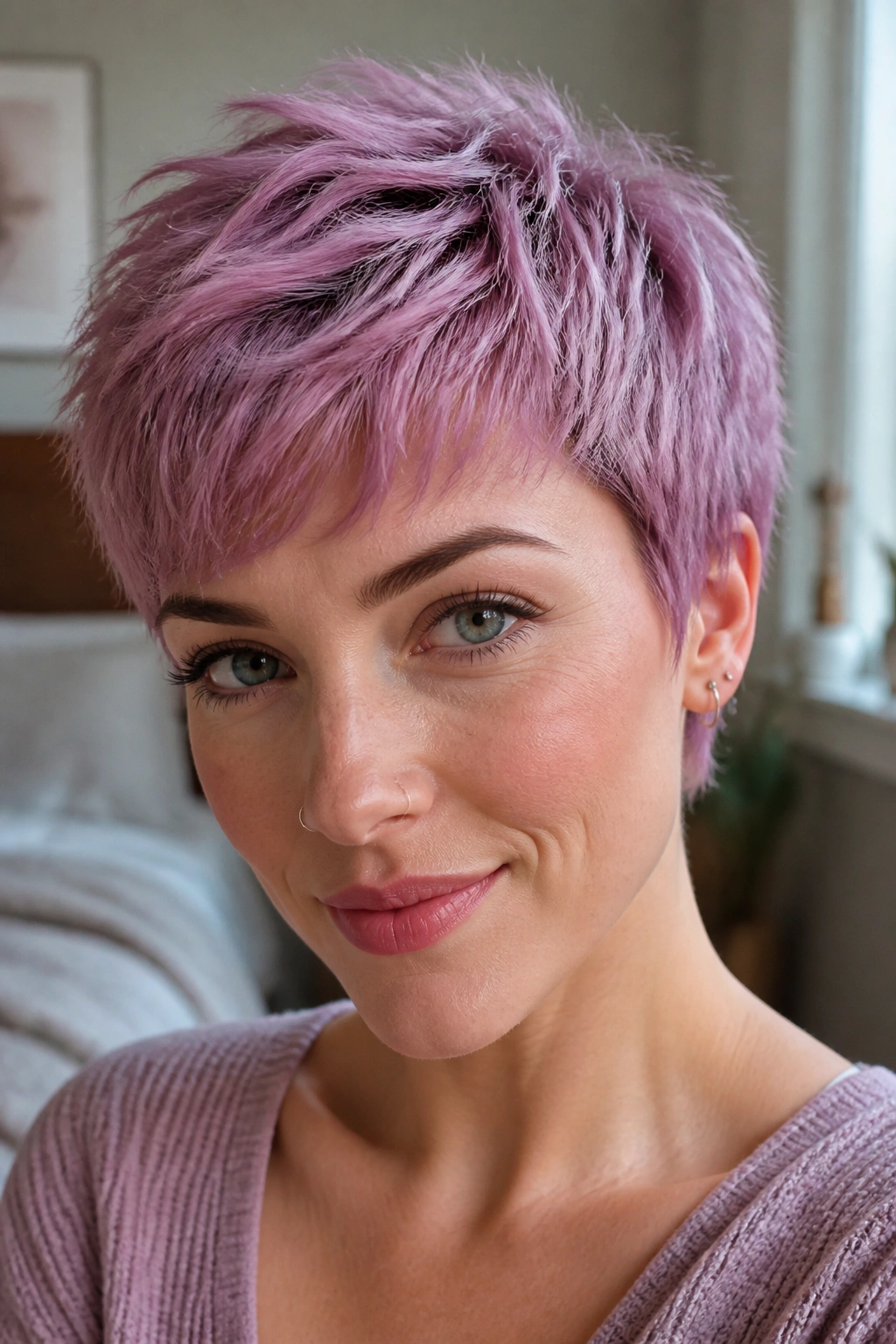 Close-up of a real woman with pastel mauve pixie and soft lighting.