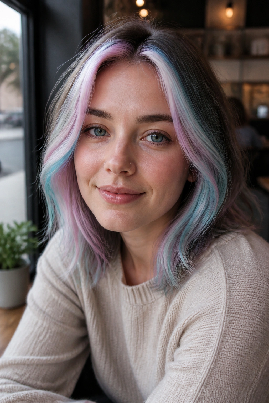 Close-up of a real woman's face with pastel money piece rainbow hair