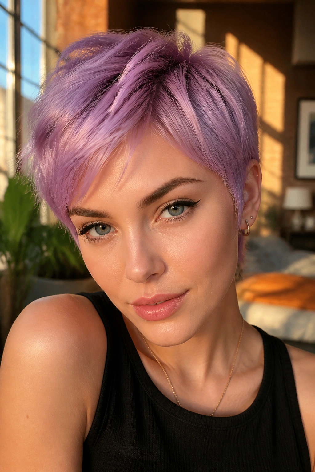 Close-up of a person with a pastel orchid pixie and cool lavender tones.