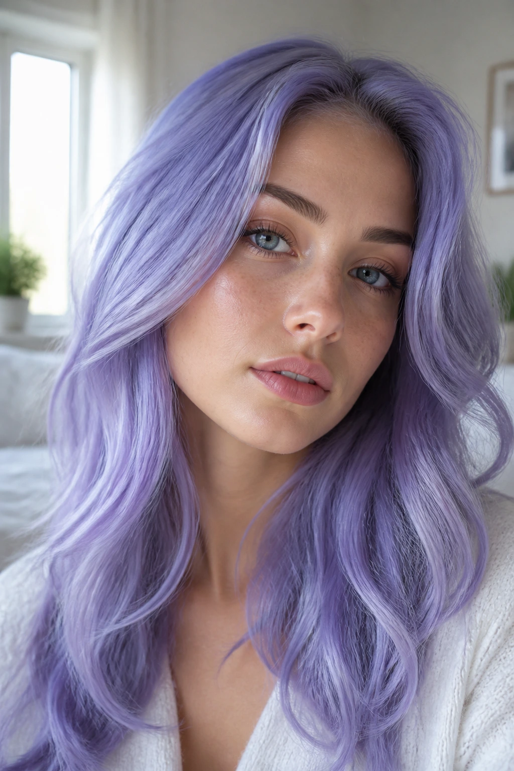 Close-up portrait of a woman with pastel periwinkle hair.