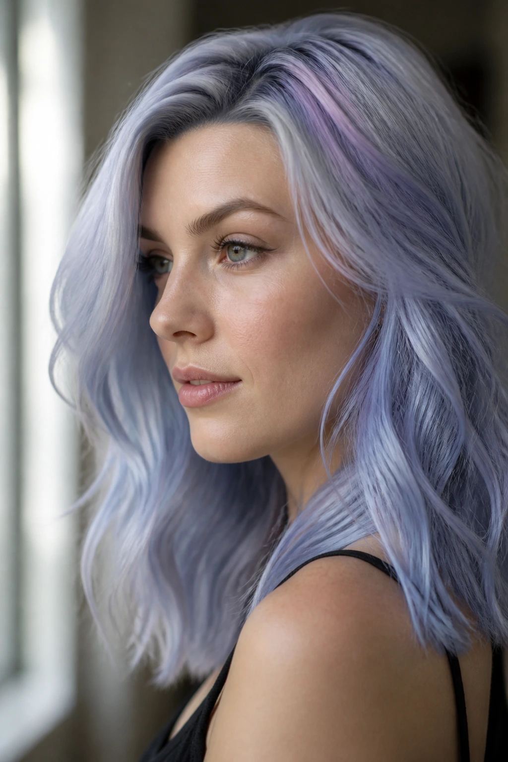 Portrait of a real woman with pastel periwinkle hair against a pale platinum base.