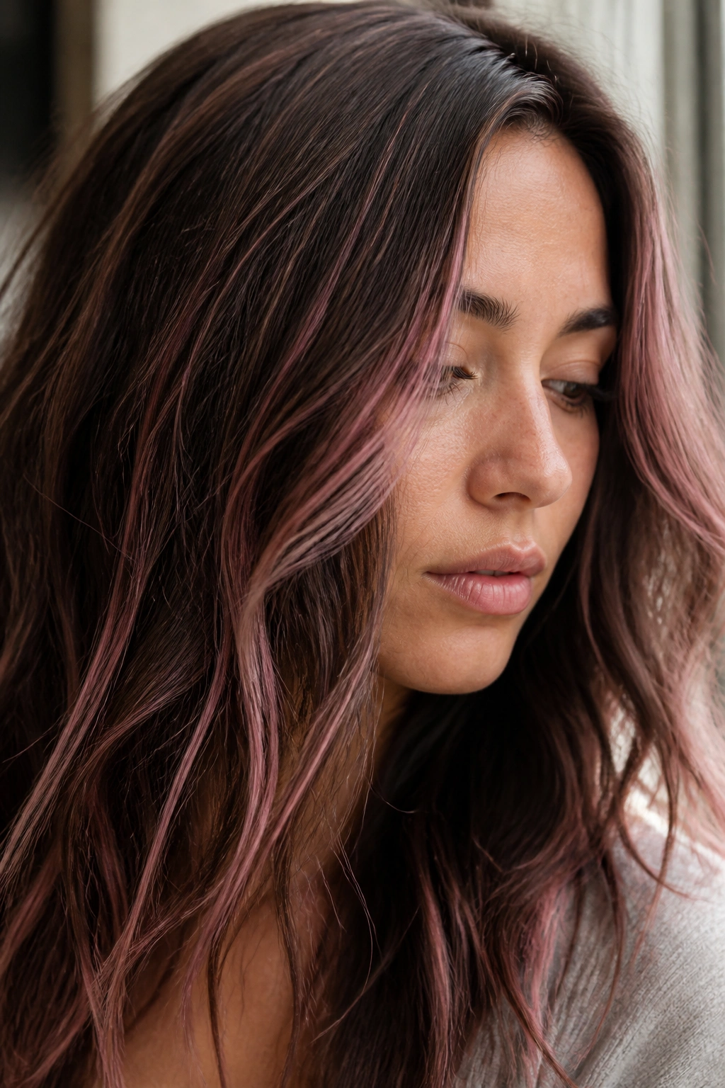 Close-up of tiny pastel pink babylights in dark brown hair