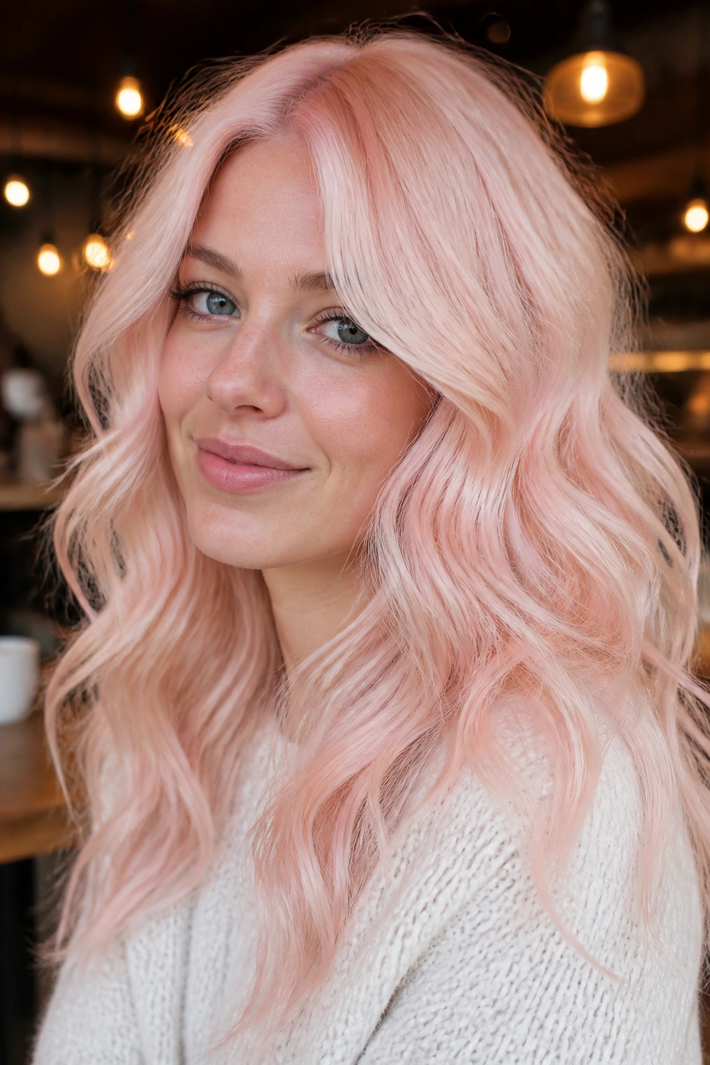 Close-up of a real woman with pastel pink cream blonde hair in a cozy cafe setting.