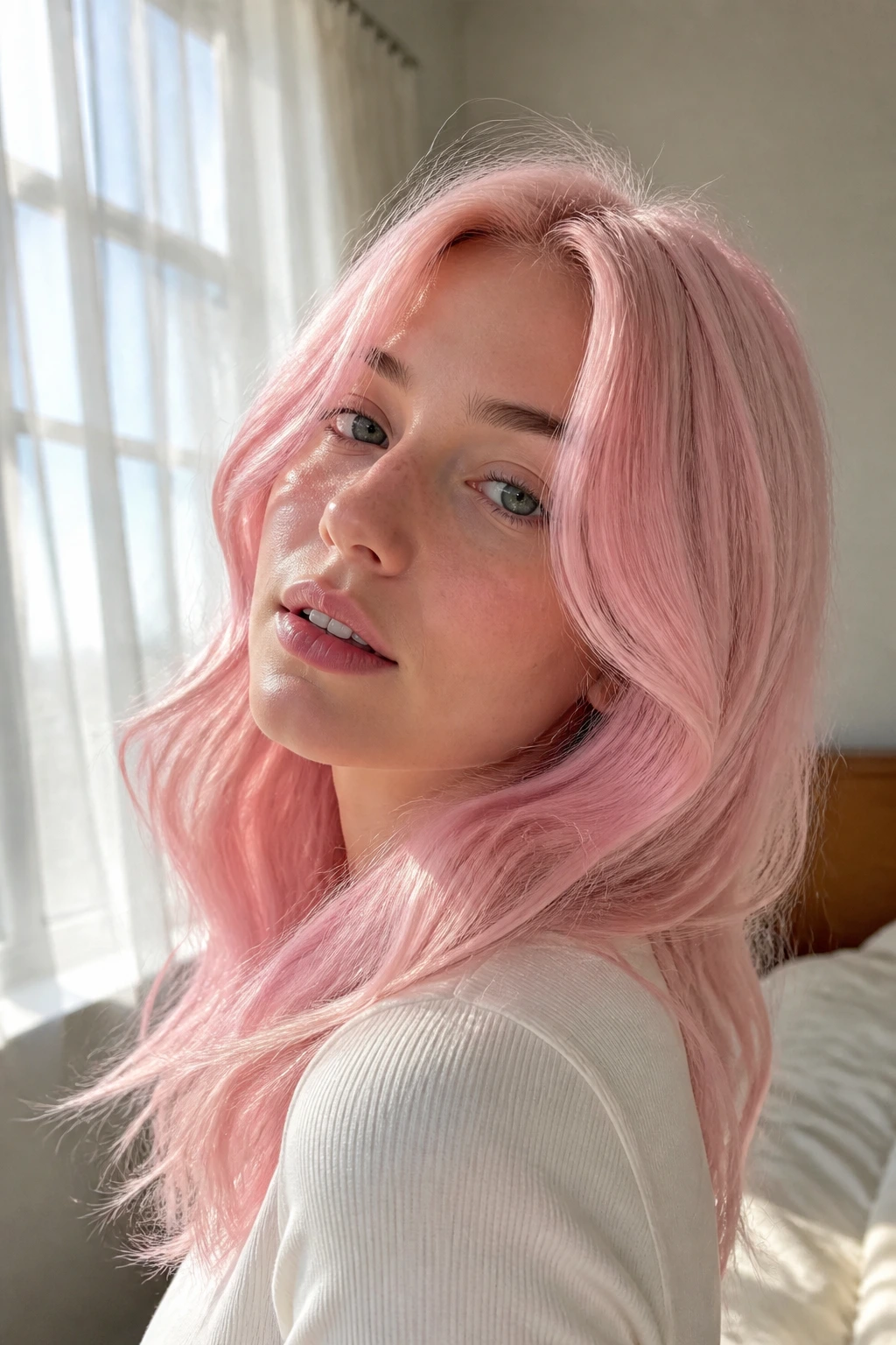 Close-up portrait of a real woman with pastel baby pink hair in soft window light