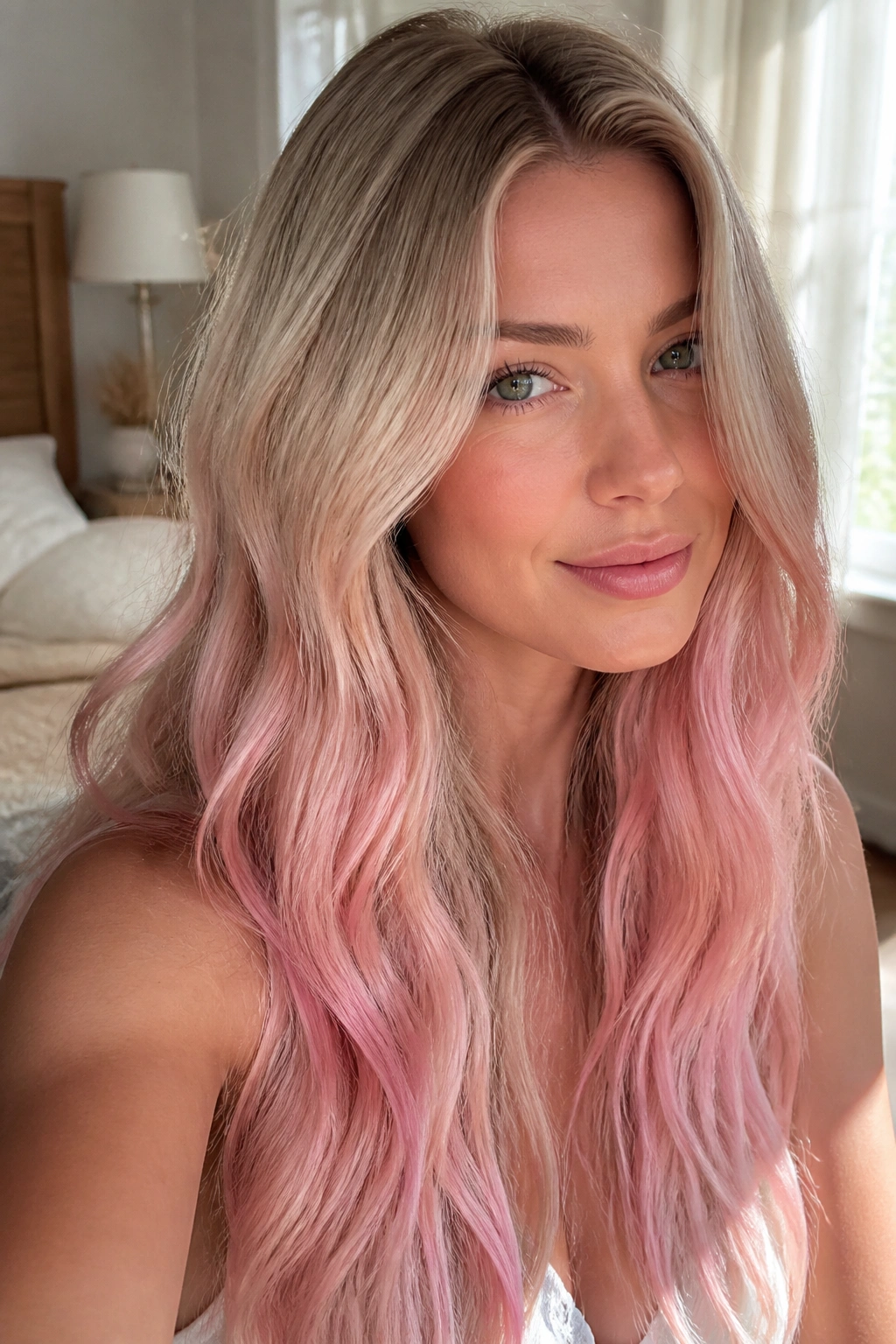 Close-up of a real woman with beige blonde hair fading to pastel pink ombre from mid-lengths to ends