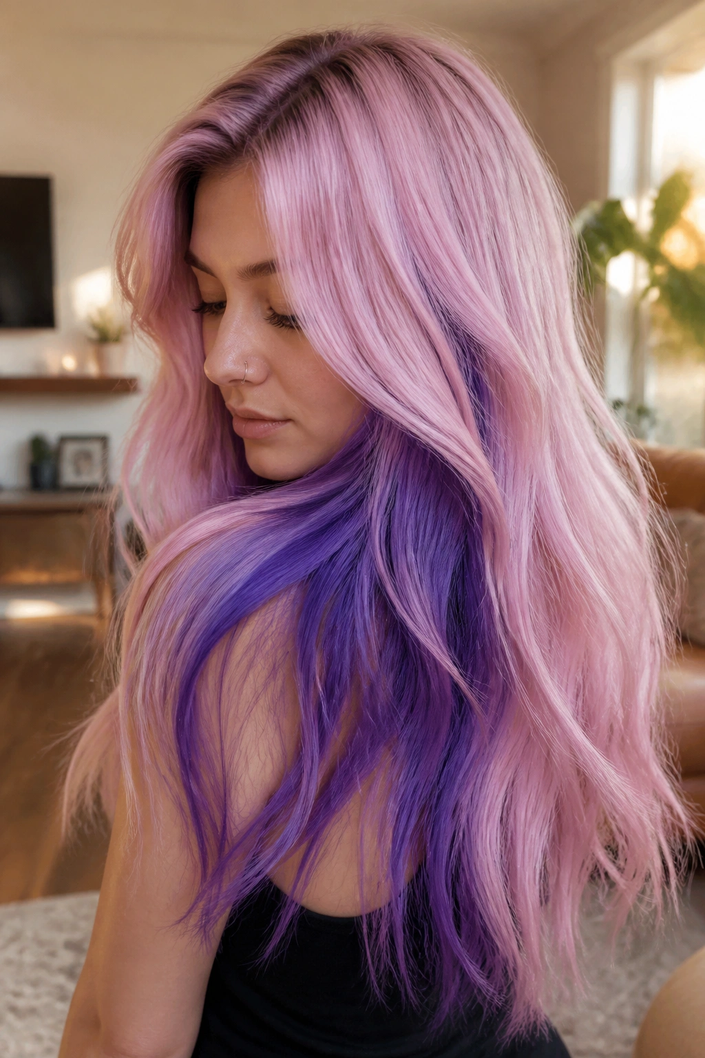 Close-up of a real woman showing pastel pink veil over purple underlights in long hair