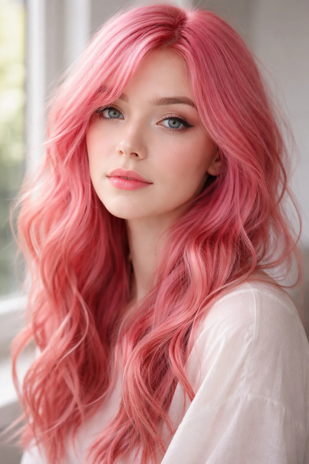 Close-up portrait of a person with pastel pink-red hair in natural window light