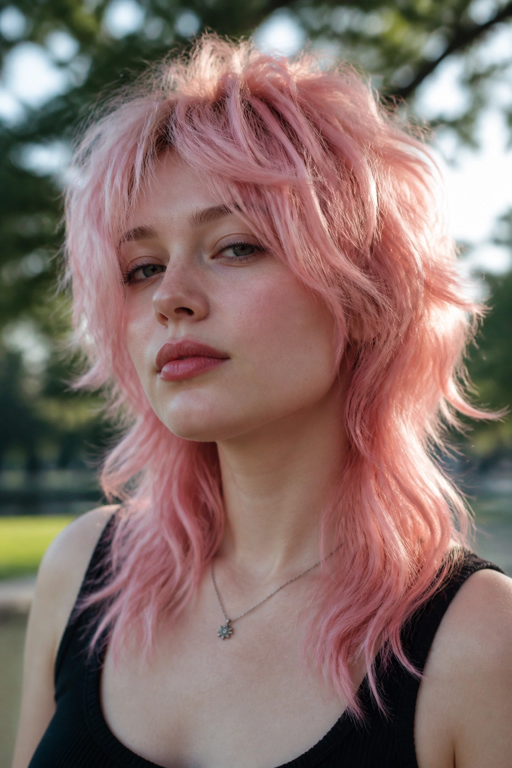 Portrait of a real woman with pastel pink wavy wolf cut in daylight