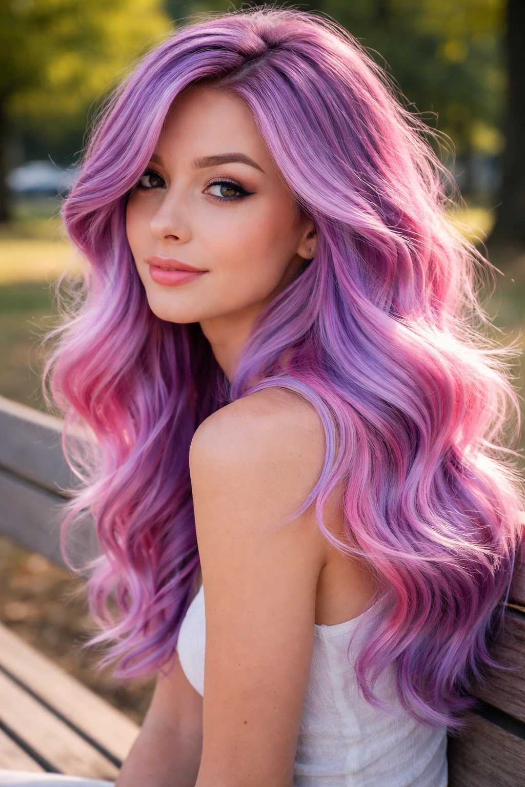 Close-up portrait of a real person with pastel plum and bubblegum pink marbled hair in natural daylight