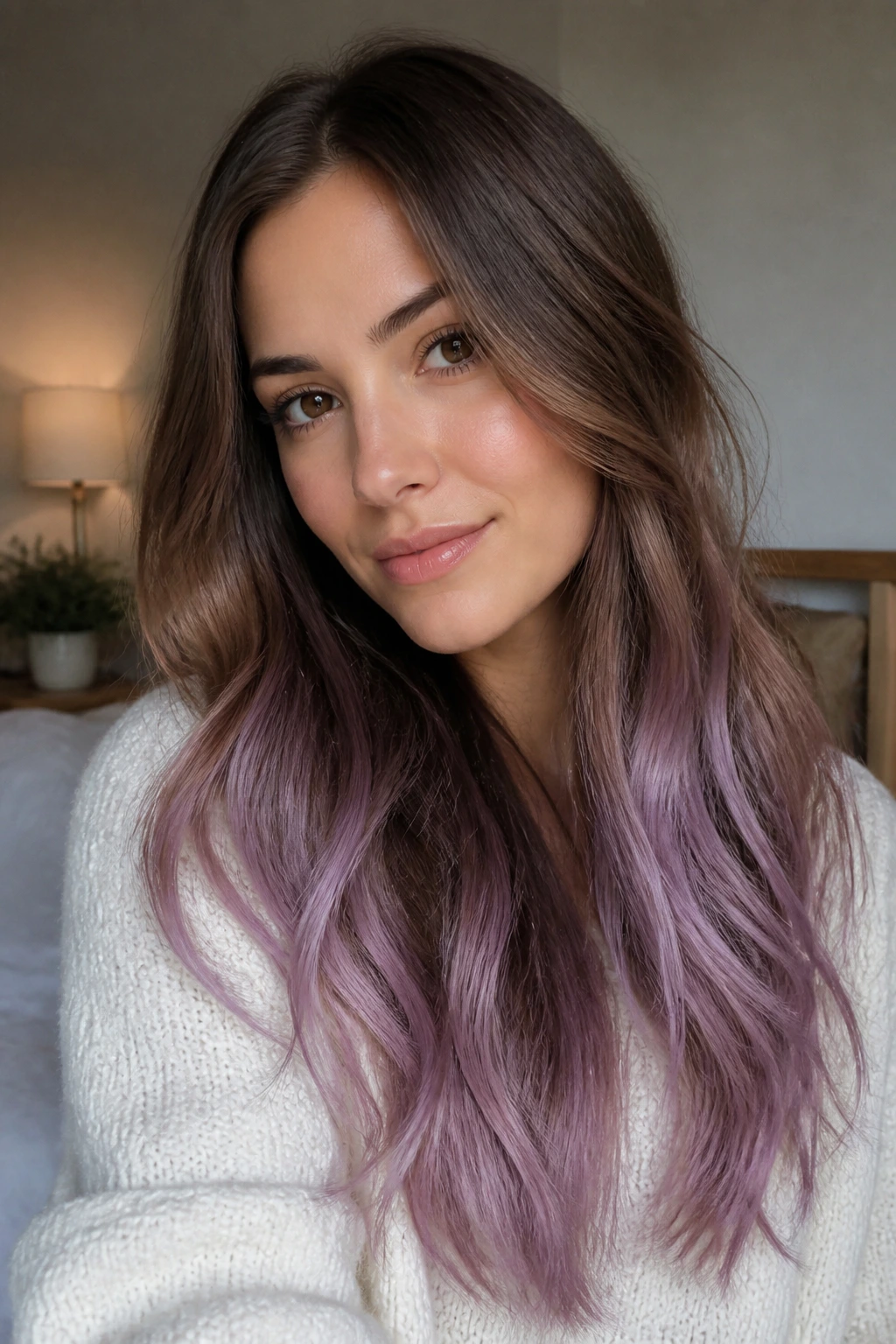 Close-up portrait of a brunette with warm base and pastel purple mid-lengths and ends
