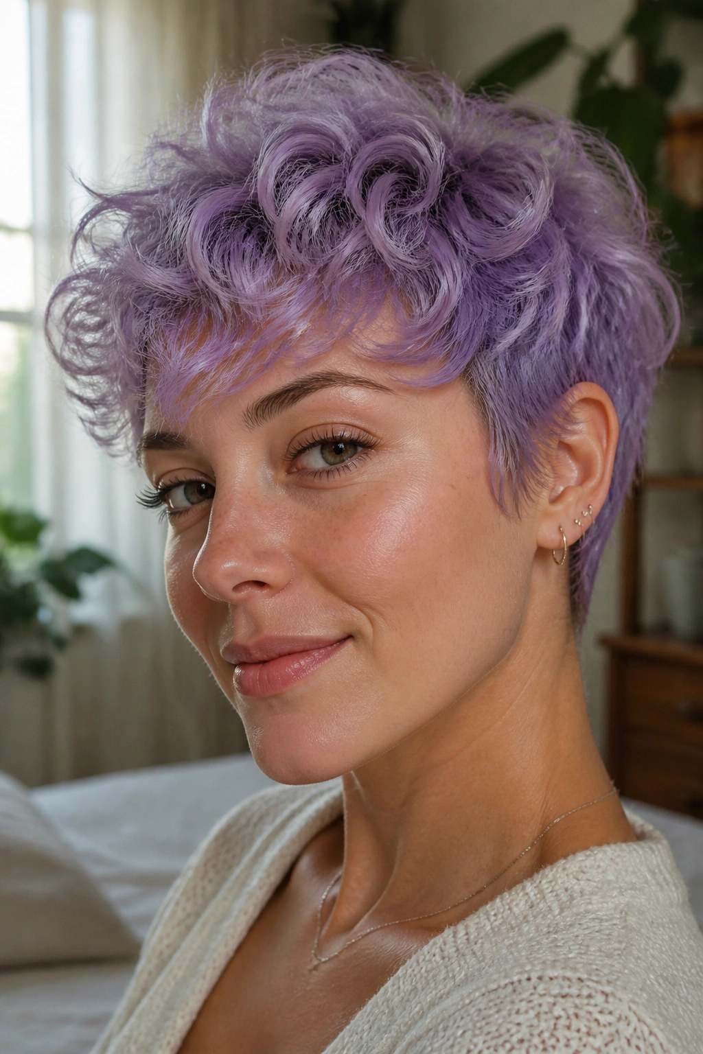 Portrait of a real woman with pastel purple curly pixie