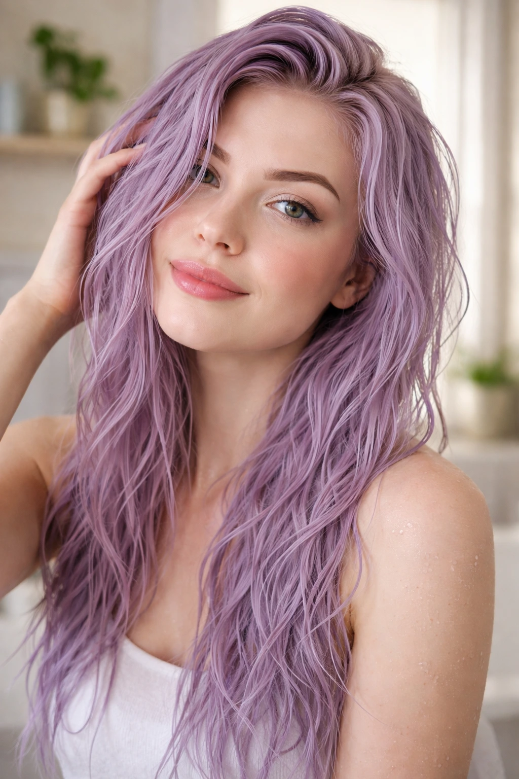Portrait of a real person with pastel purple hair in a bathroom